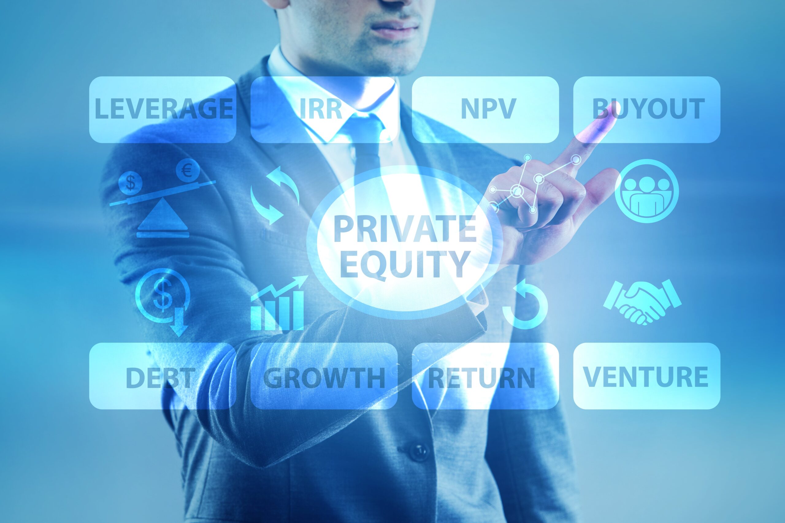 Illustration of a businessman with a graphic overlaid on top of him. The graphic has Private Equity at the center with the words Leverage, IRR, NPV, Buyout, Debt, Growth, Return, and Venture surrounding it.